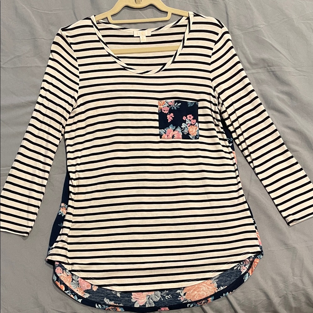 Adorable Black and White Striped Long Sleeve Top with Floral Pocket &Back